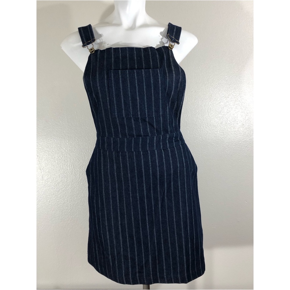 Umgee Striped Denim Bib Overall Pinafore Jean Jumper Dress Size Large
